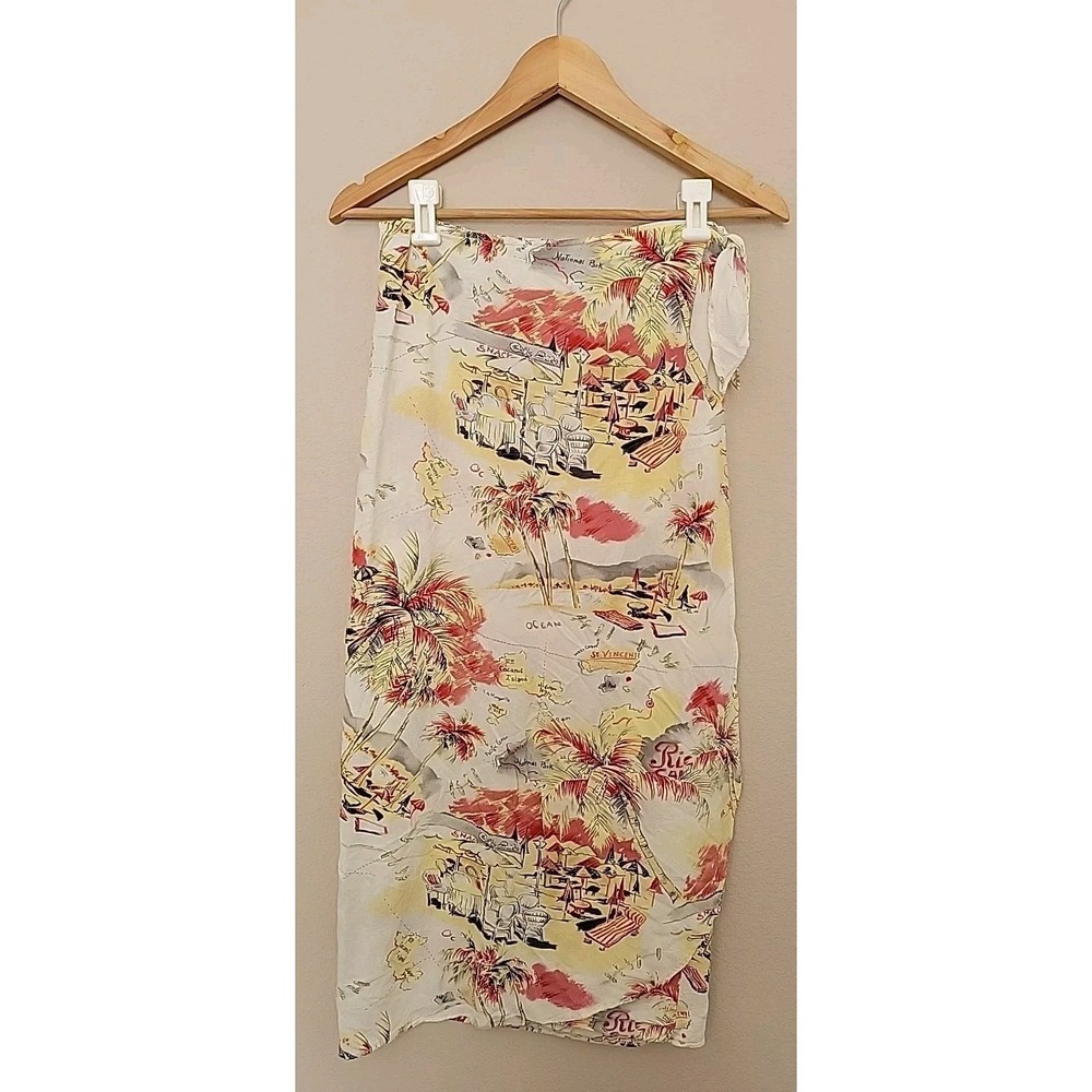Vintage Jams World Midi Hawaiian Wrap Tie Skirt Size S Palm Trees Tropical Cafe